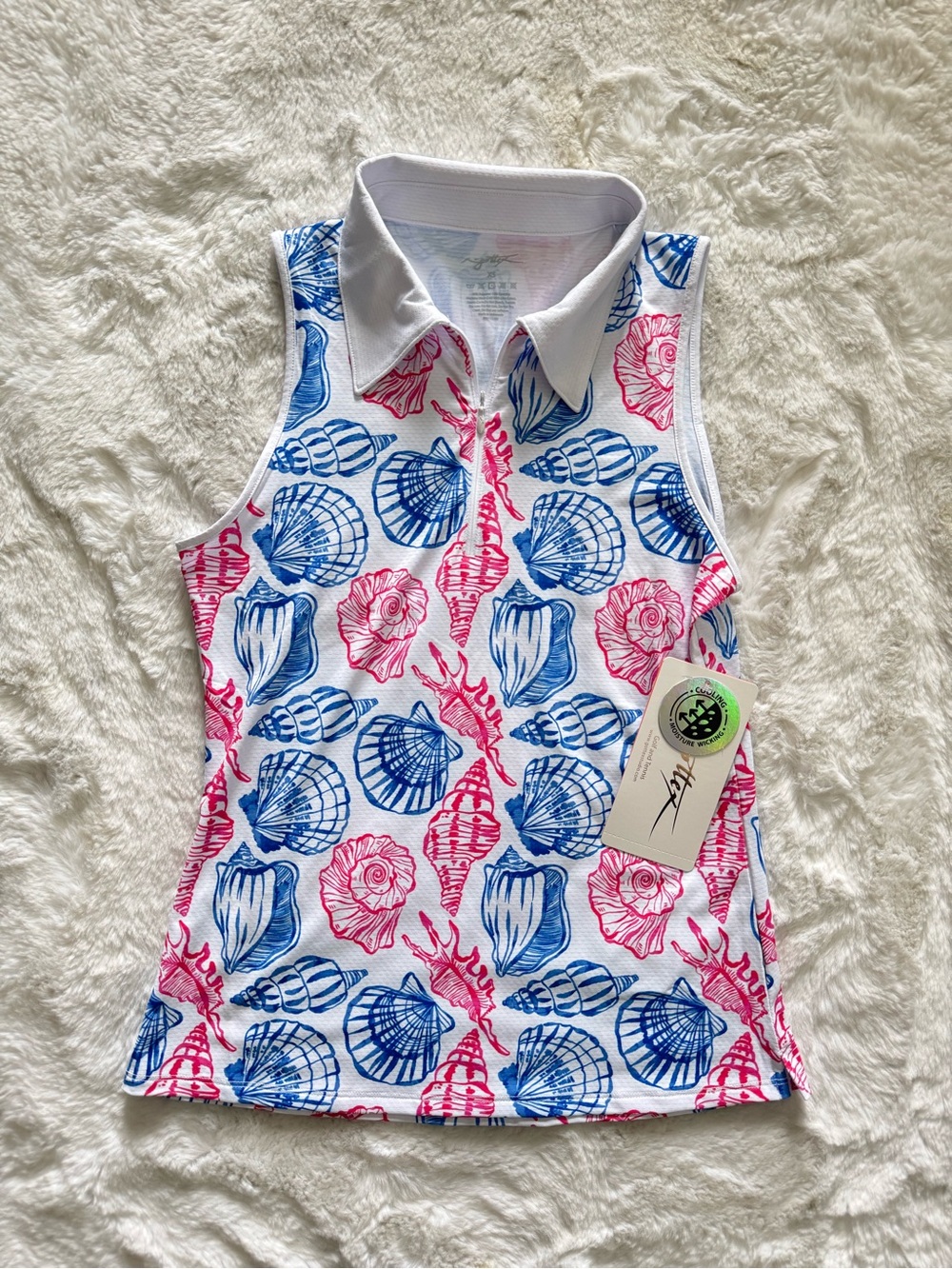 NWT X by Gottex White Sleeveless Polo Tank with Blue & Pink Shell Print